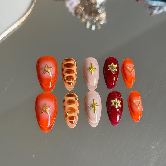 Red Festive Vibe Red Wishes Press On Nail Size Burgundy Orange Red Nails Almond Shape Handmade Press-on Golden Charms Holiday Nails