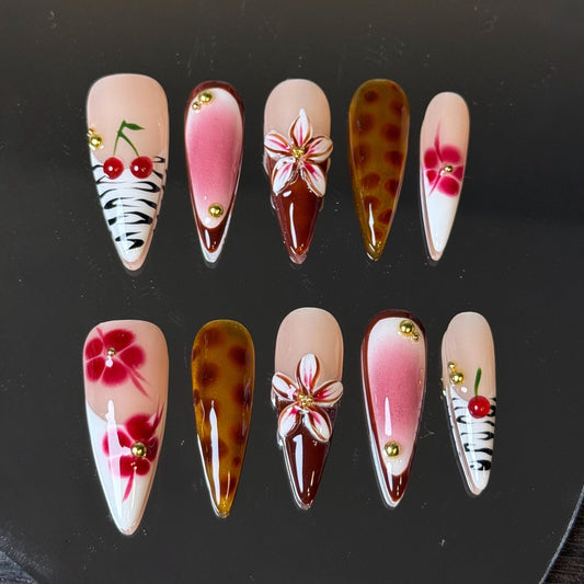 Tropical Festive Floral Presson with Ombré 3D Flower Amber Tortoise Zebra Pattern Stiletto Warm Tone Handmade Press-on Nails with Embellish