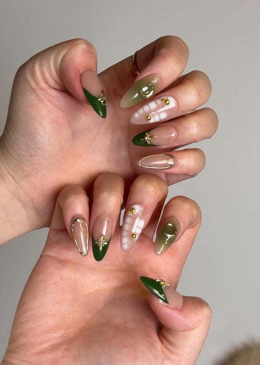 Forest Green Emerald Handmade Press-on Set Spring Vibe Deep Green Base with Celestial Charm and Golden Accents Earthy Design with Ombre