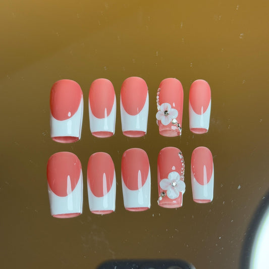White Square French Tip Nail Press-on Set Medium and Long Square Available with 3D Flower Accents and Gem Stone