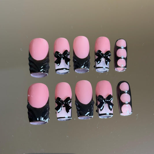 Black Bow Elegant Square Tip Nails Press on Chic Cute Black French Tips Handmade Press on set Medium Square Length Bow-itful Nude and Black