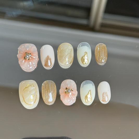 Short Almond Soft Pink Valentine’s Day Press-on Set with 3D Flower Design Gold Accents Embellished Elegant Handmade Nail Set Featuring Pearl