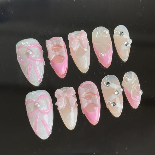 Sweet Bow Cute theme Cute Press-on Set Almond Soft Pink and White Hue Bow and Lace Almond with 3D Charms Accent Ballet Inspired Set
