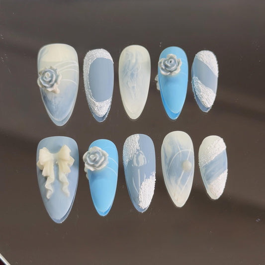 Soft Blue Dreamy Valentines Day Press-on Set with Roses, Bow and Floral Design, Romantic Cute Blue Lace Work 3D Sculpting Nails