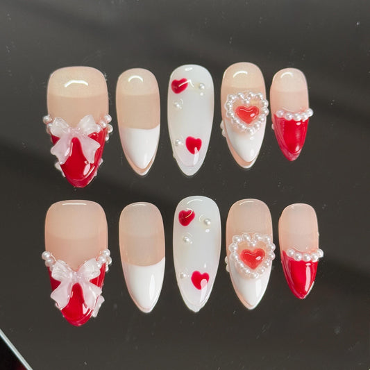 Romantic Sweetheart Pearls Press-on set Featuring Red Hearts French tips Bow Cute Elegant Graceful Almond Shape Perfect Gift