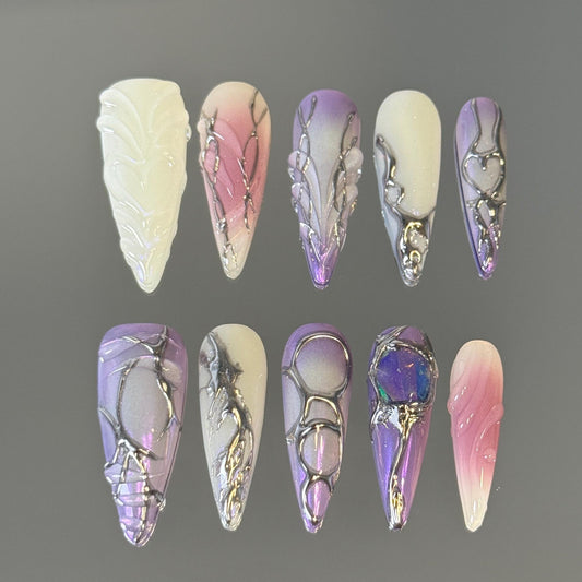 Twilight Violet Swirl Silver Brush Painted Presson Nail Set with 3D Metallic Vibes and Purple Palette Hues Heart Design Stiletto and Almond