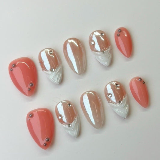 Simple Cute Short Almond Press-on Nail Set Glittering Nail Modern Coral Warm and Soft Tone Spring Elegant Graceful Nail