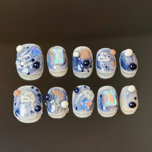 Whimsical Jellyfish Blue Short Set 3D Embellishment Intricate Cute Swirl Ocean Natural Deep Sea Presson Set Fish Charms