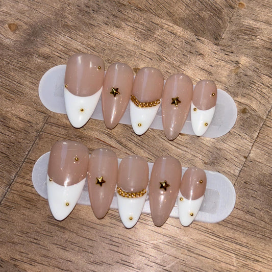 Classic Glamour Press-On Nail Set - Nude and White French Tips with Gold Star and Bead Accents for Timeless Elegance 10pcs Handmade Press-on
