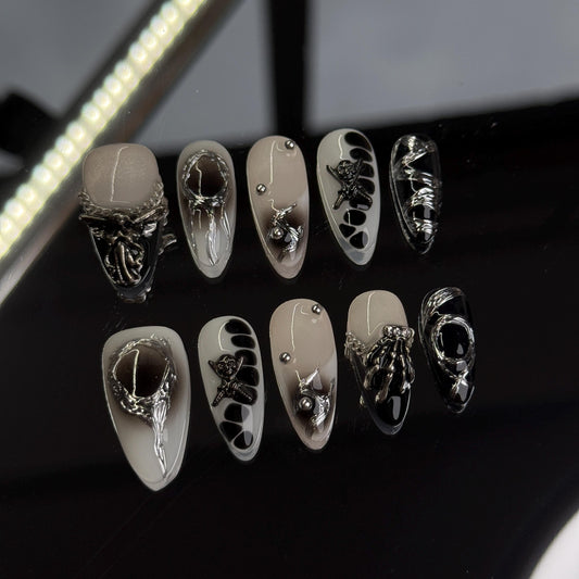 Black and White Gothic Press-On Nails with Silver 3D Accents and Elegant Designs for a Bold, Dramatic Look - Perfect for Unique Style Stat