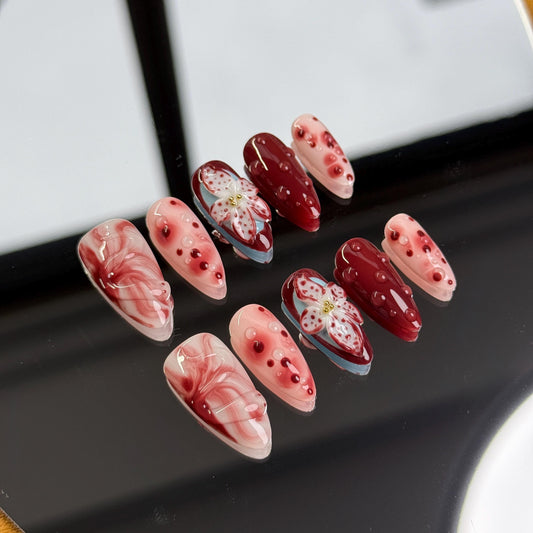 Bold Burgundy and Blush Press-On Nails with 3D Floral and Pearl Accents for a Chic, Romantic Look Ideal for Weddings and Special Occasio