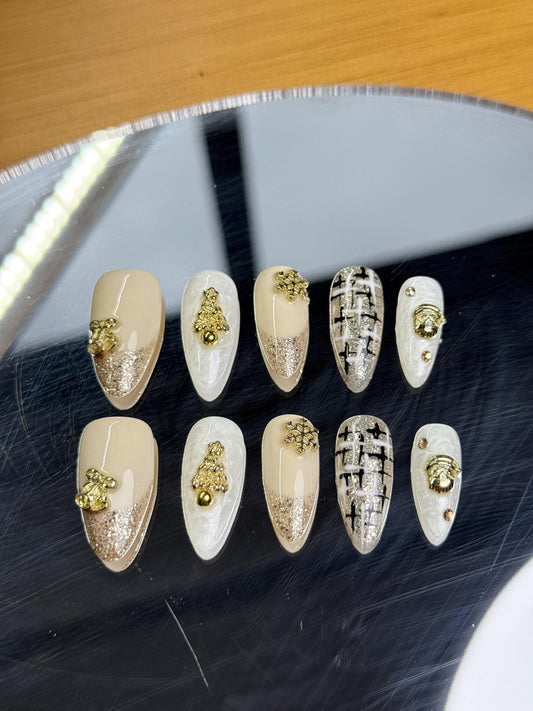 Holiday Vibes Luxurious Gold Glamour Press-On Nail Set: Chic Textured Accents, Glitter Elegance, and Stunning Handmade Press on Almond