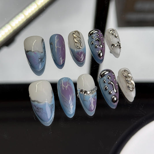 Galactic Glam Press-On Nails Silver Chain Accents & Marble Design Set for Stunning Style 10pcs Almond Shape Handmade Press-on