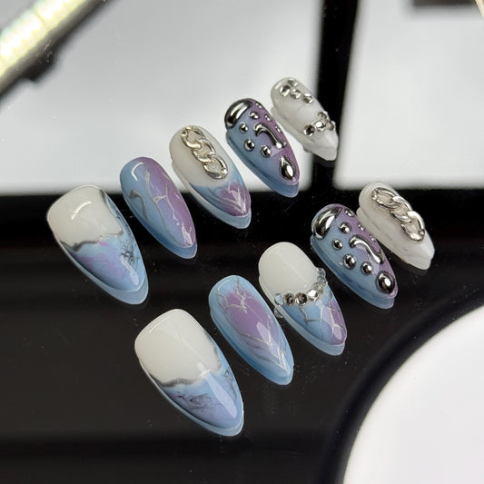 Galactic Glam Press-On Nails Silver Chain Accents & Marble Design Set for Stunning Style 10pcs Almond Shape Handmade Press-on