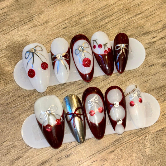 Elegant Cherry Bow Valentines Press-On Nail Set - Burgundy White with Silver Accents Perfect Nail sets for Fall Vibes