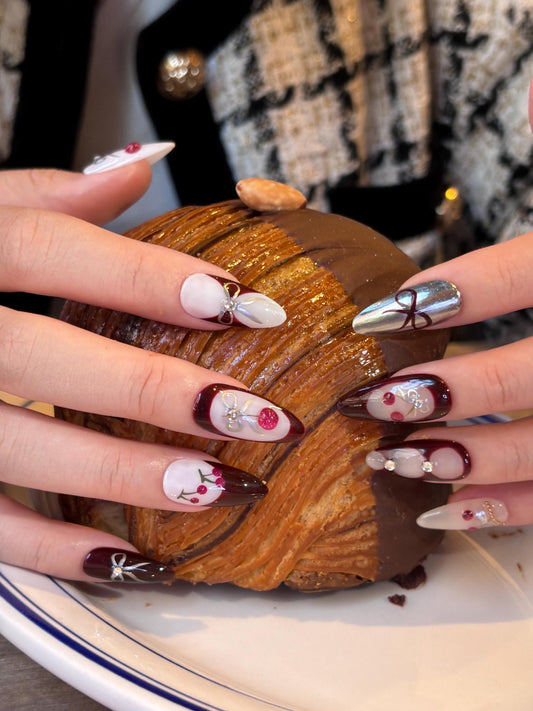 Elegant Cherry Bow Valentines Press-On Nail Set - Burgundy White with Silver Accents Perfect Nail sets for Fall Vibes
