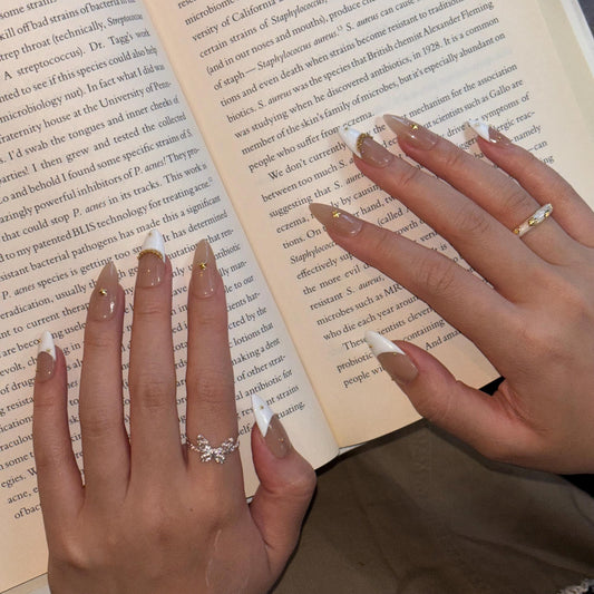 Classic Glamour Press-On Nail Set - Nude and White French Tips with Gold Star and Bead Accents for Timeless Elegance 10pcs Handmade Press-on