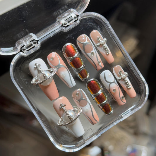Cosmic Glitch Vibe Nails Presson w Glamnetic Charms Long Coffin Press On Nail Y2K Style Presson Silver Metallic paint with cool hand painted