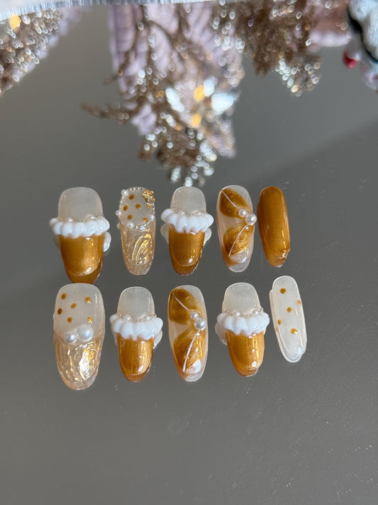 Golden Luxurious Holiday Vibe Presson nails with Frosted Snow Boots inspired look for Christmas Handmade Press On Nails Shimmering Gold