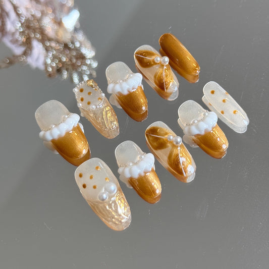 Golden Luxurious Holiday Vibe Presson nails with Frosted Snow Boots inspired look for Christmas Handmade Press On Nails Shimmering Gold