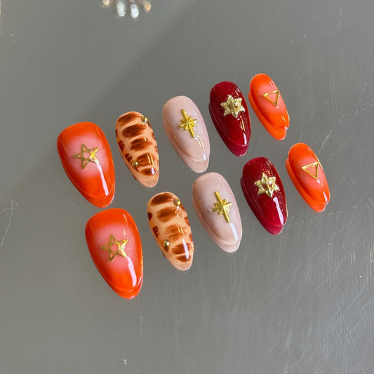 Red Festive Vibe Red Wishes Press On Nail Size Burgundy Orange Red Nails Almond Shape Handmade Press-on Golden Charms Holiday Nails