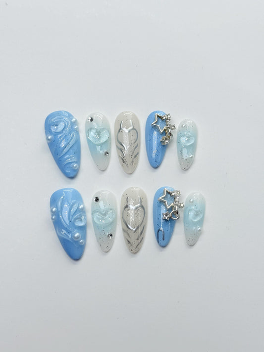 Oceanic Blue Dreamy Press-On Nails Set with Intricate Swirl Designs, Delicate Hearts, Sparkling Rhinestones, and Star-Shaped Accent