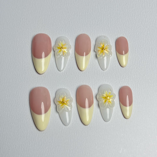 Chic nude press-on nails with creamy French tips and 3D Flower Design | handmade press-on nails for cute everyday wear gift fall cozy vibes