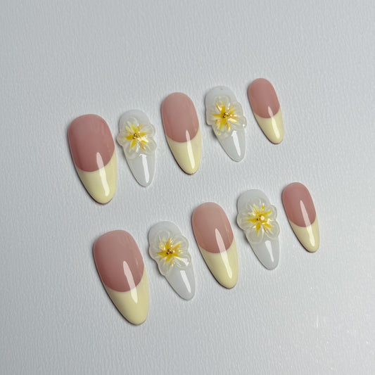 Chic nude press-on nails with creamy French tips and 3D Flower Design | handmade press-on nails for cute everyday wear gift fall cozy vibes