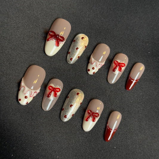 Valentine’s Style Cute Nails Girlies Nail Art with Bow Design Glitter Red and Beige Icing Birthday Nail Design Handmdade Press-ons