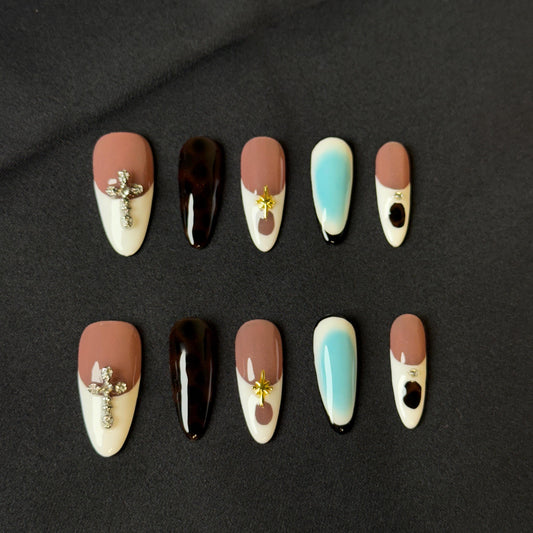 Elegant mix tortoise Gradient Press on Nails Long Almond Nails handmade with Ombré accent French tips nude base