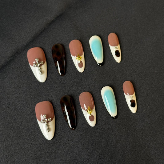 Elegant mix tortoise Gradient Press on Nails Long Almond Nails handmade with Ombré accent French tips nude base