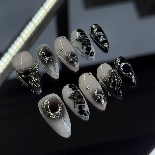 Black and White Gothic Press-On Nails with Silver 3D Accents and Elegant Designs for a Bold, Dramatic Look - Perfect for Unique Style Stat