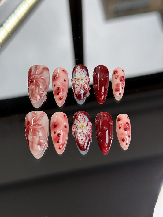 Bold Burgundy and Blush Press-On Nails with 3D Floral and Pearl Accents for a Chic, Romantic Look Ideal for Weddings and Special Occasio