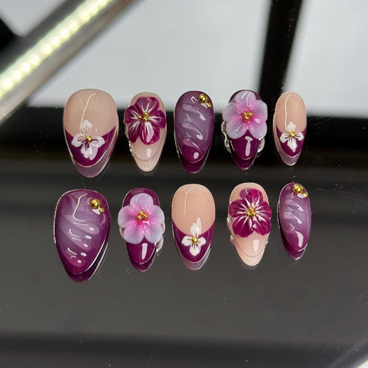 Elegant 3D floral Short Almond press-on nails: deep purple and pink blooms. Perfect for a sophisticated, cute edgy style