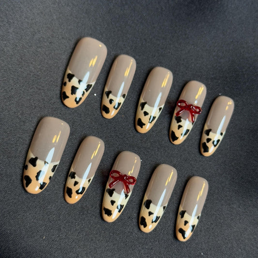 Chic Leopard Valentines Print French Tip Ombré Long Almond Press On Nails Handmade Press-on Nails with Cute 3D Red Bow Design for Bold Cool