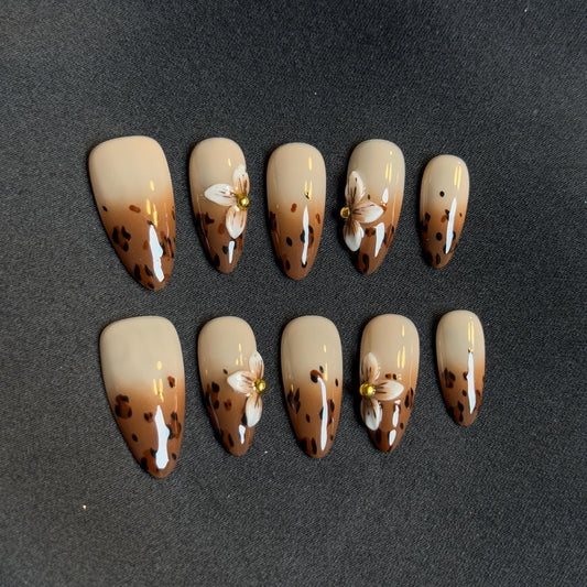 Handpainted Leopard Print Ombre 3D Floral Print Almond Press-on Nails Brown Leather Presson Blend with Natural Look Earthy Tone Gradient