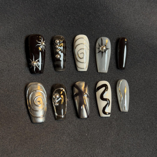 Black Gothic Chrome Coffin Nails Swirl Shape Abstract Handpainted Press-on Nail Set Dynamic Black, Silver White Pattern for Sophisticate
