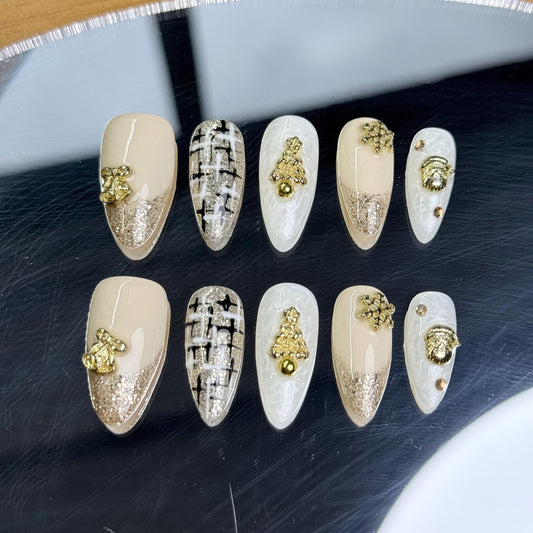 Holiday Vibes Luxurious Gold Glamour Press-On Nail Set: Chic Textured Accents, Glitter Elegance, and Stunning Handmade Press on Almond
