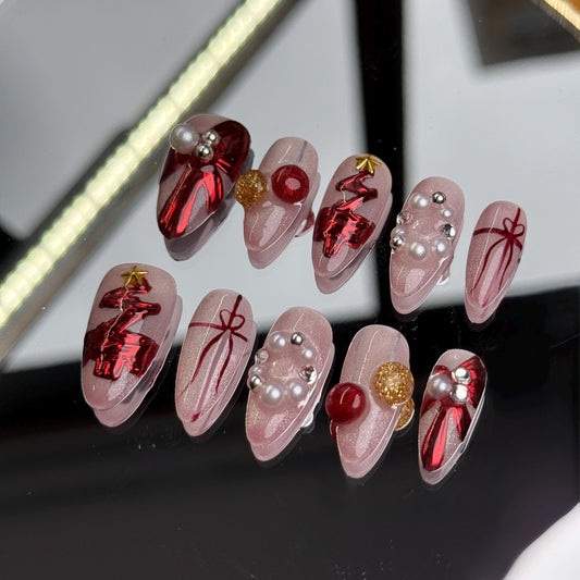 Festive Christmas Almond Shaped Christmas Nail Set Stylish Holiday Elegance with Red and Gold Embellishments, Perfect for a Seasonal Stateme
