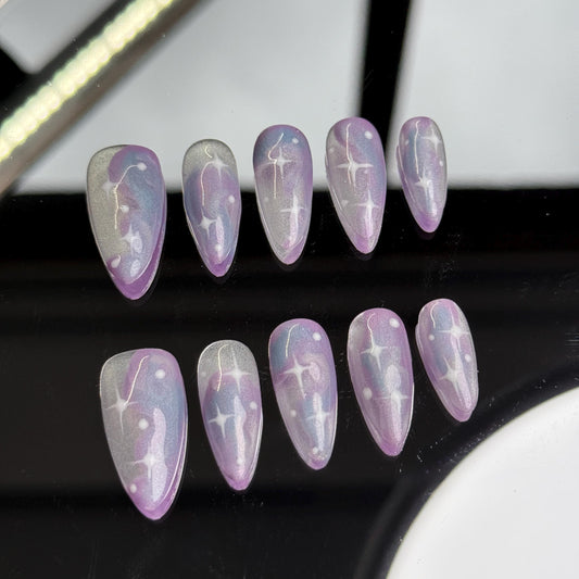 Dreamy Snowflake Almond-Shaped Iridescent Nail Set Holiday Soft Pastel Swirls and Celestial Hues for a Magical, Ethereal Look