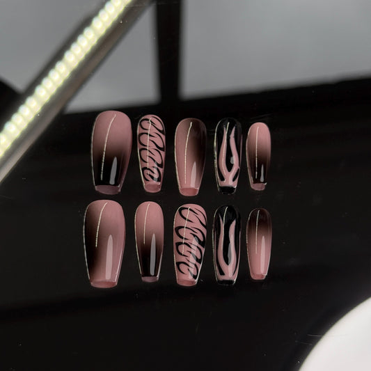 Hot pink and black press-on nails with unique swirl designs & fire spirit Perfect for a chic and stylish look handmade 10pcs coffin press-on
