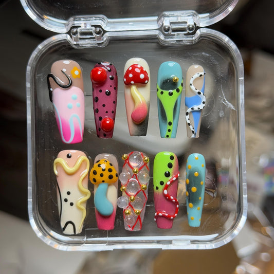 Funky Mushroom Design Long Coffin Press On set Playful Fun colorful design Fungus 3D Handmade Gel Press On Nail For Stylish Look and Special