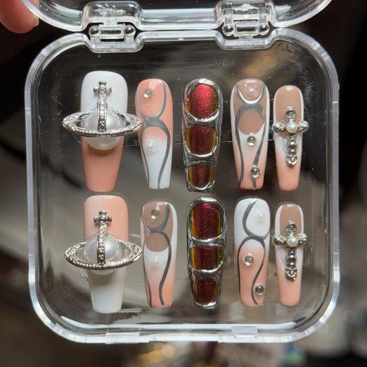 Cosmic Glitch Vibe Nails Presson w Glamnetic Charms Long Coffin Press On Nail Y2K Style Presson Silver Metallic paint with cool hand painted