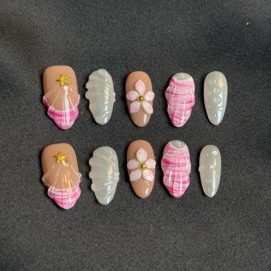 Pink Petal Blossom Nail Set Handmade Almond 3D Tidal Beach Vibes Vacation Nail Plaid Seashell Pattern Pink Pearl Accent Nail for Summer