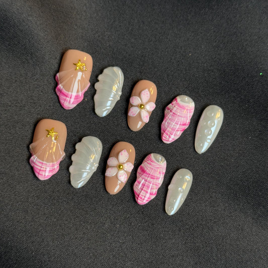Pink Petal Blossom Nail Set Handmade Almond 3D Tidal Beach Vibes Vacation Nail Plaid Seashell Pattern Pink Pearl Accent Nail for Summer