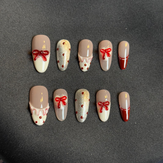 Valentine’s Style Cute Nails Girlies Nail Art with Bow Design Glitter Red and Beige Icing Birthday Nail Design Handmdade Press-ons