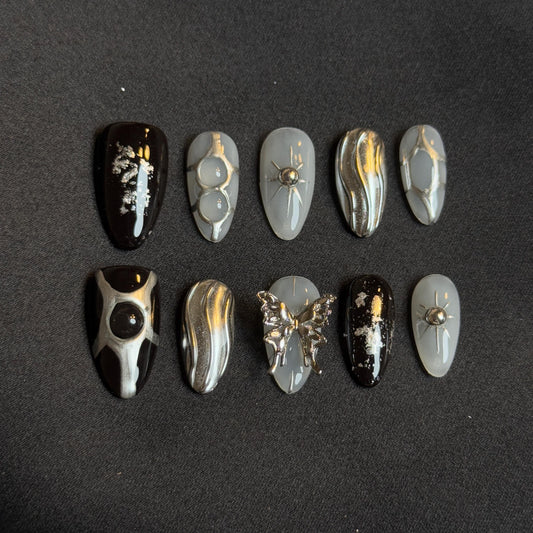 Black & Gray Gothic Metallic Chrome Press-On Nails with Silver 3D Wings Design Charm Perfect for Gothic Style Inteicate Pattern Abstract