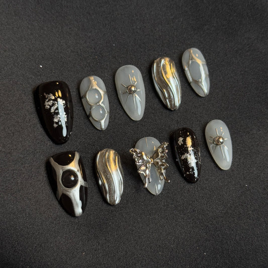 Black & Gray Gothic Metallic Chrome Press-On Nails with Silver 3D Wings Design Charm Perfect for Gothic Style Inteicate Pattern Abstract
