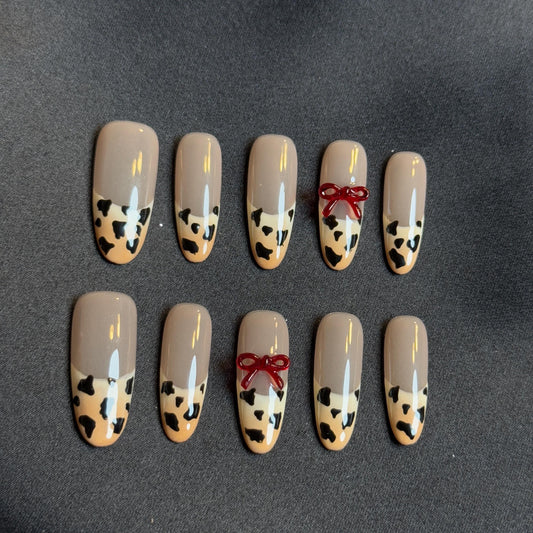 Chic Leopard Valentines Print French Tip Ombré Long Almond Press On Nails Handmade Press-on Nails with Cute 3D Red Bow Design for Bold Cool
