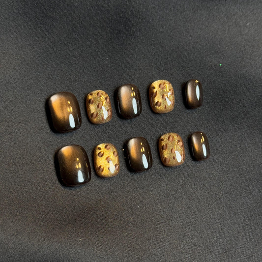 Short Round Leopard Print Cateye Glitter Dark Amber Ombre Press-on Nails Iridescent Brown Dark Short Nails for Cool Winter Look